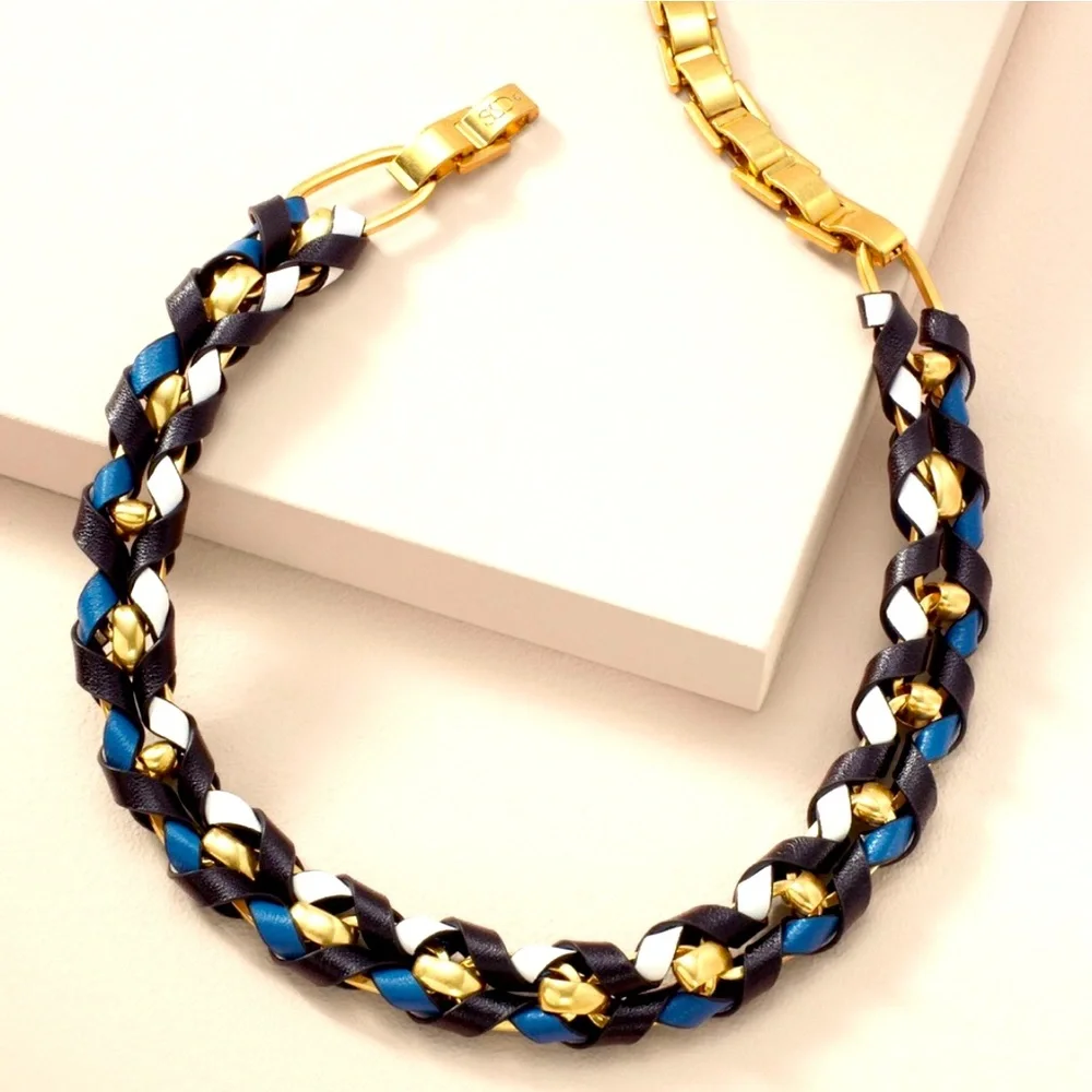 Stella & Dot | Gold, Black, White & Blue Genuine Leather Corset Necklace - Picture 3 of 8